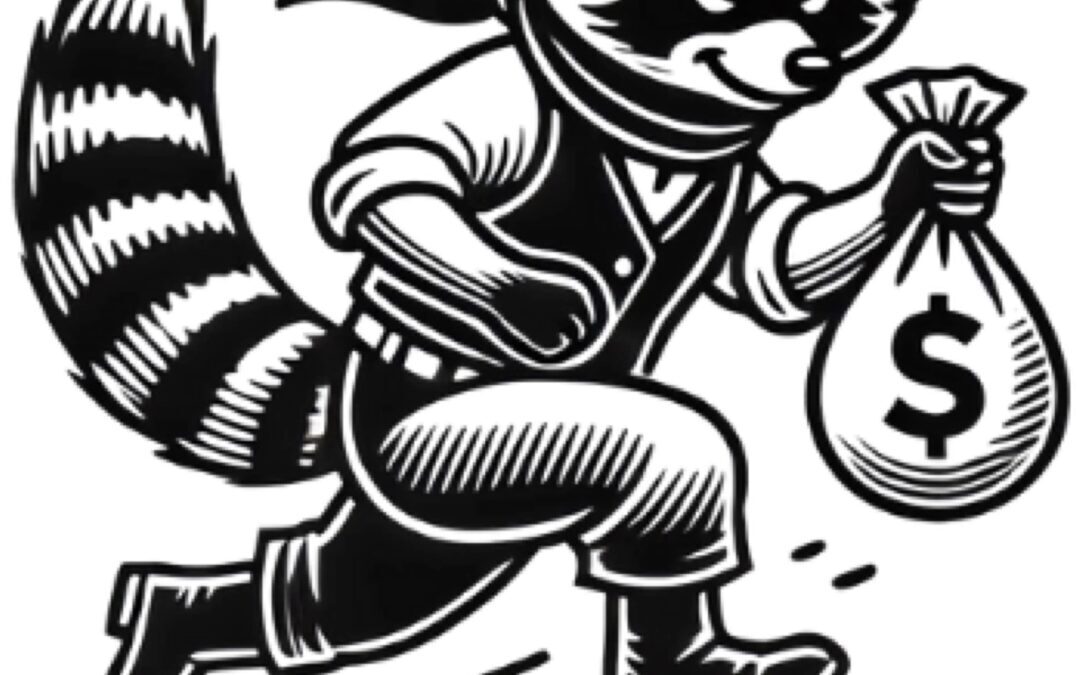 A black and white illustration of a raccoon wearing a bandana and stealing a bag of money.